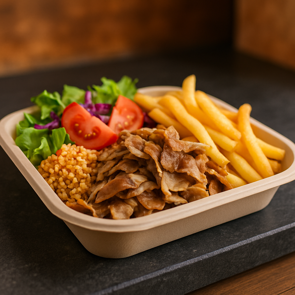 Assiette kebab — viande de la broche, frites et galette